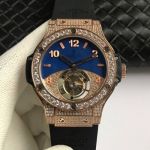 Swiss Replica Hublot Big Bang Everose Gold Diamond Case Blue Dial Rubber Strap Tourbillon 44mm Men's Watch